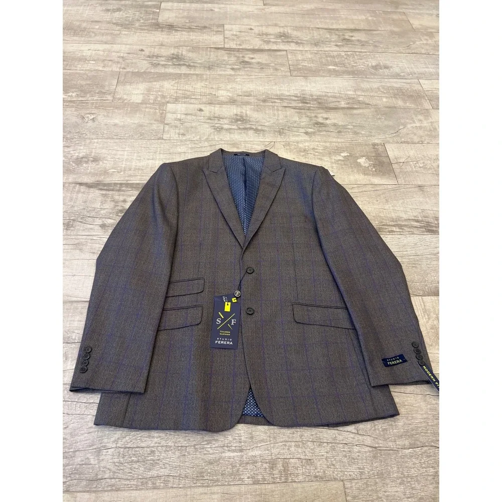 Studio Ferera Grey Plaid‎ Modern Fit Suit Blazer Men's 48R